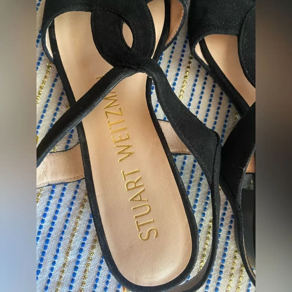 Stuart Weitzman Shalena Black Suede Strappy Sandal Buckle Sz  4 NEW